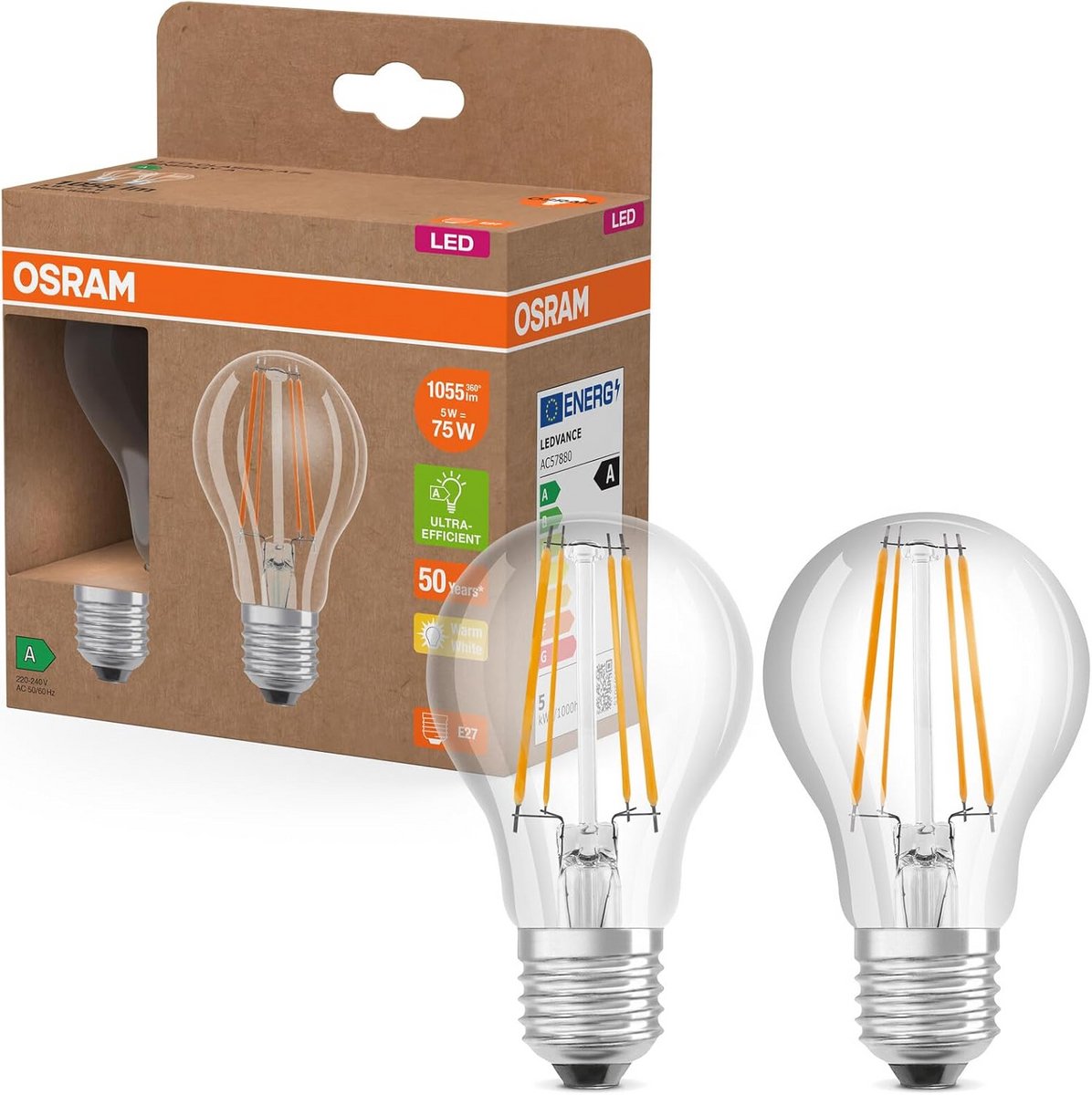 Classic LED-lamp A 75 - E27 fitting - Warm wit licht - 2 stuks - 5W - 1055 lm