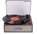 Retro platenspeler met houtlook, draaiende vinylplaat en open kap.