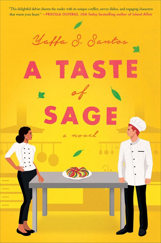 Boekomslag van 'A Taste of Sage' door Yaffa S. Santos, met een gele achtergrond, illustraties van twee koks en een gerecht op tafel.