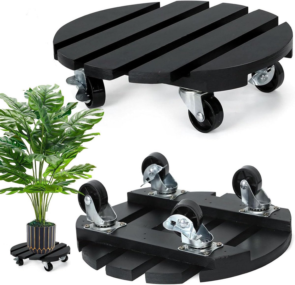 2 stuks Plantenroller Hout Rond 30 cm met 360° Zwenkwielen | Zware Bloempotstandaard