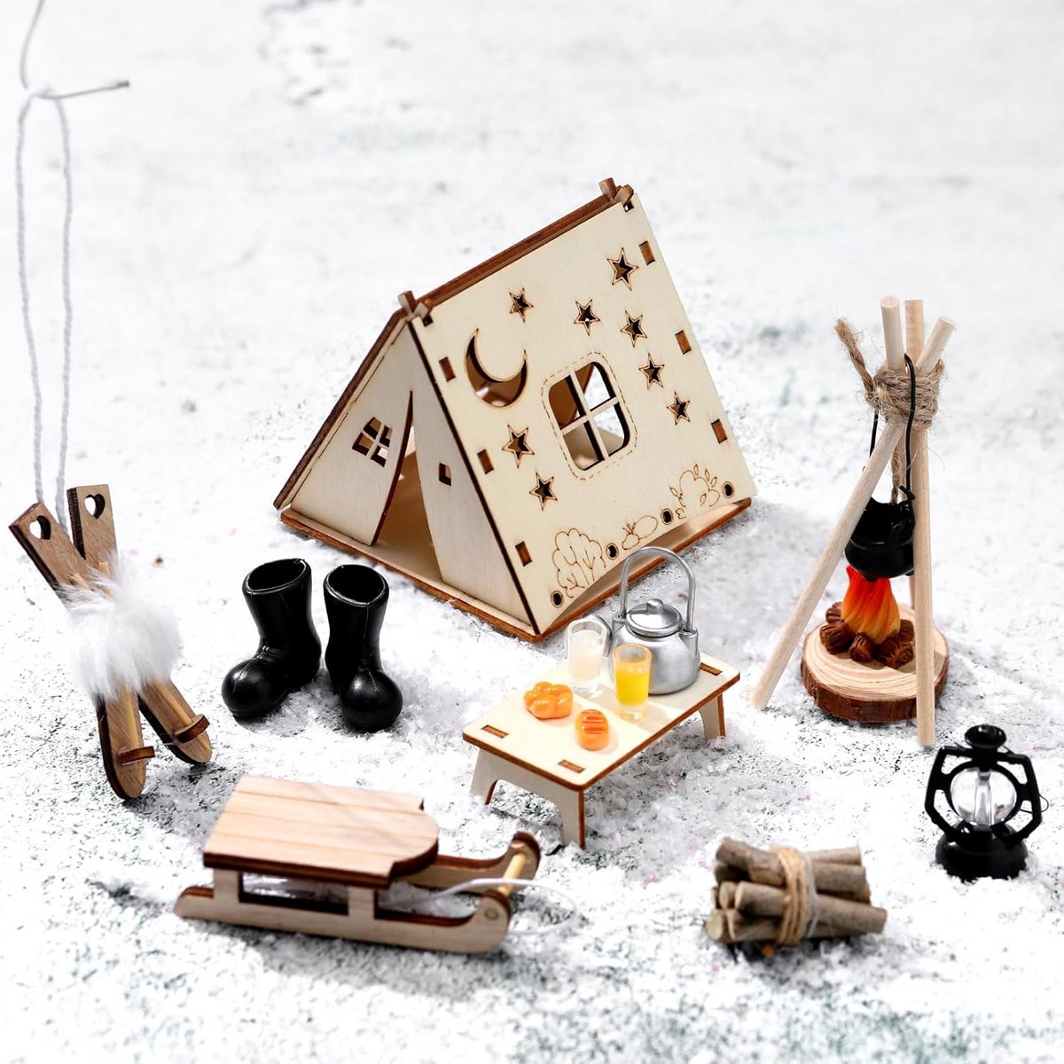 Miniatuur Poppenhuis Decoratie Set: Kerst Kabouters, Tent, Kampvuur en Winteraccessoires