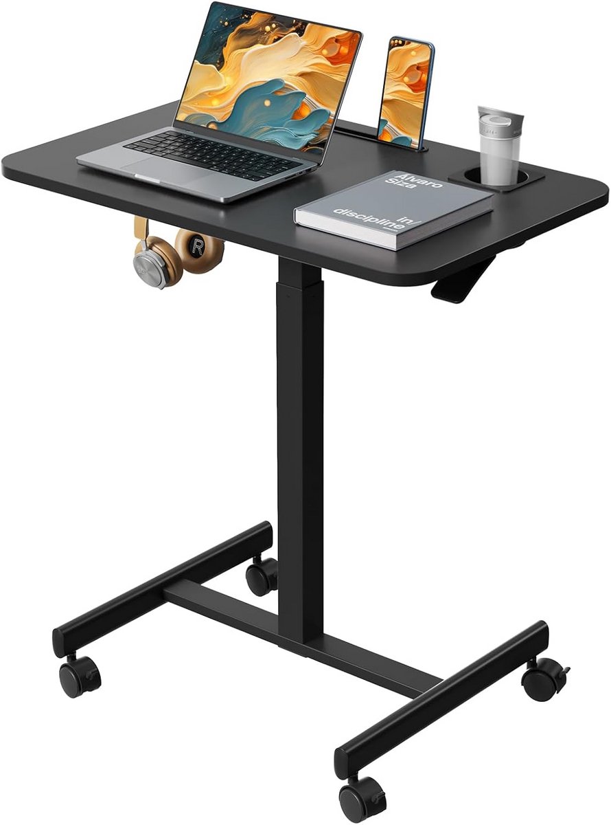 In hoogte verstelbaar Mobiel Zit-Sta Bureau met Wielen - 28 Inch Draagbaar Laptopwerkstation Zwart