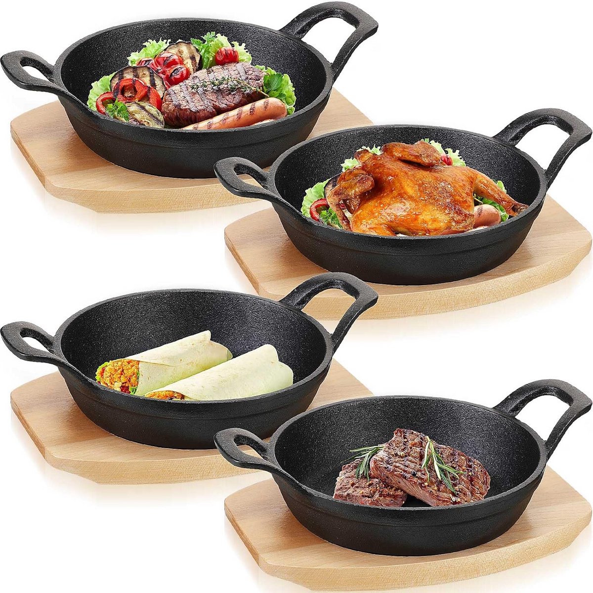 Mini Gietijzeren Koekenpannen Sets voor Thuis Koken – 4 Stuks met Houten Basis
