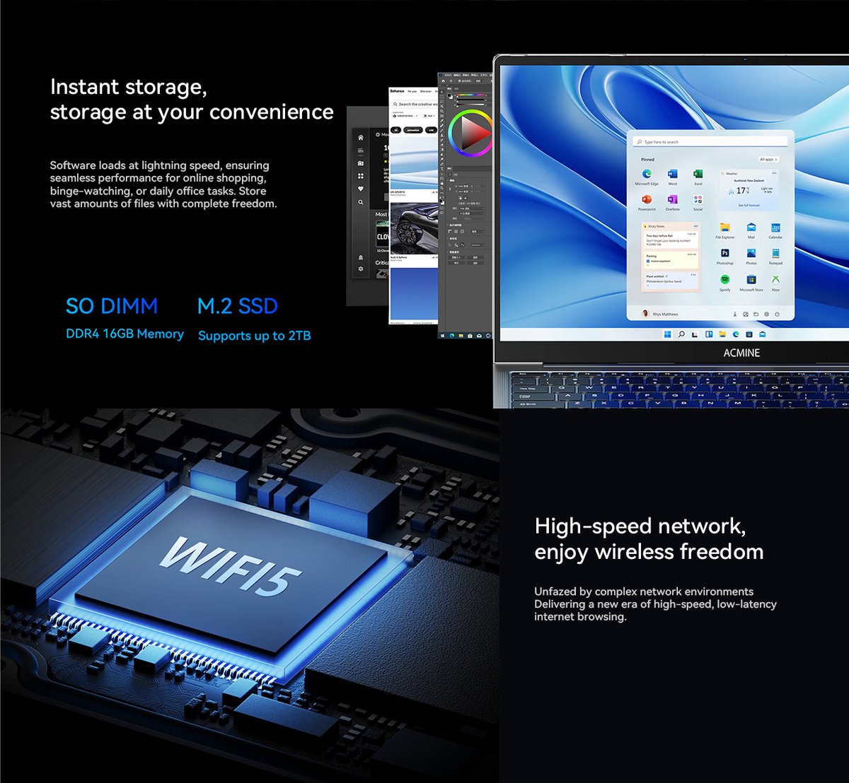 Acmine 17.3 inch IPS Full HD Laptop - lntel N150 - 16GB DDR4 RAM - 1 TB SSD - Windows 11 Pro - WiFi - BT5.0 - Grijs thumbnail 4