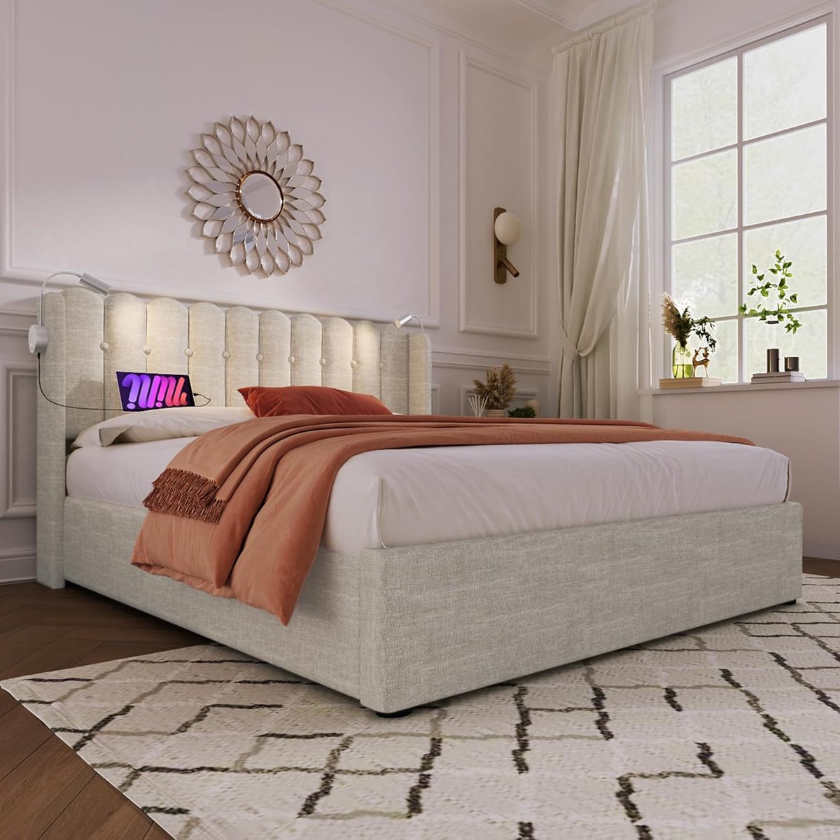 Gestoffeerd Tweepersoonsbed 160x200 met Opbergruimte, Leeslamp en Functioneel Hoofdbord