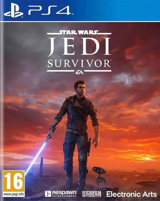 Playstation 4 speldoosje Star Wars Jedi: Survivor, 16+, met man en robot bij zonsondergang.