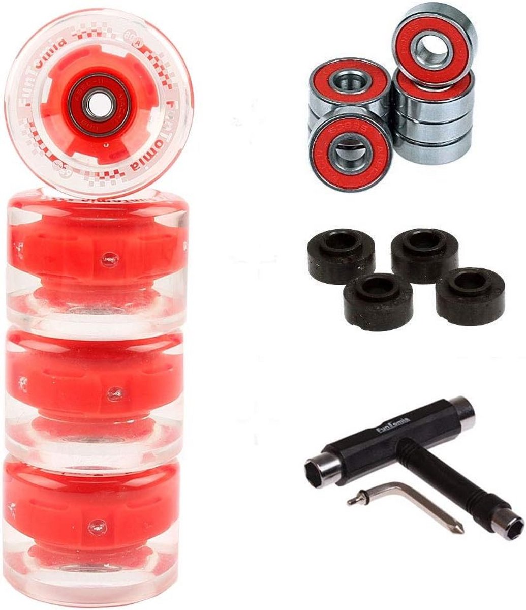 4x Longboard Skateboard Wielen LED 65mm 80A Inclusief Lagers Spacer & T-Tool