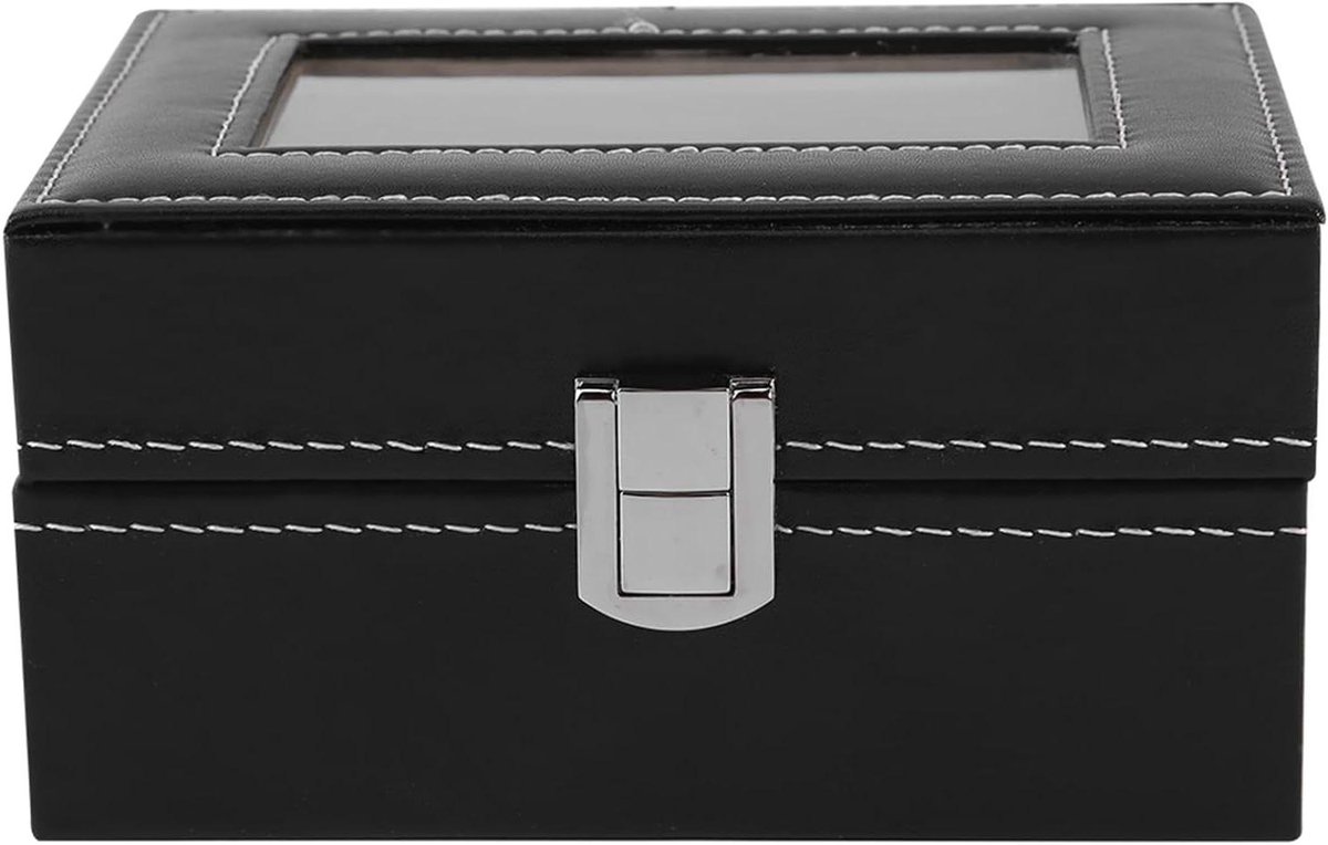 VVGoods - Houten Horlogekast met PU Leder en Glazen Venster, Sieradendisplay Opbergdoos voor Armbanden in Zwart Design met 3 Slots