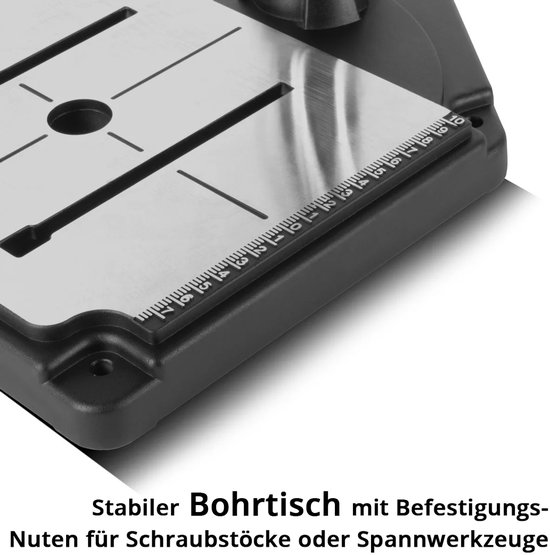 Robuuste boortafel met sleuven en een schaalverdeling van 0 tot 10.