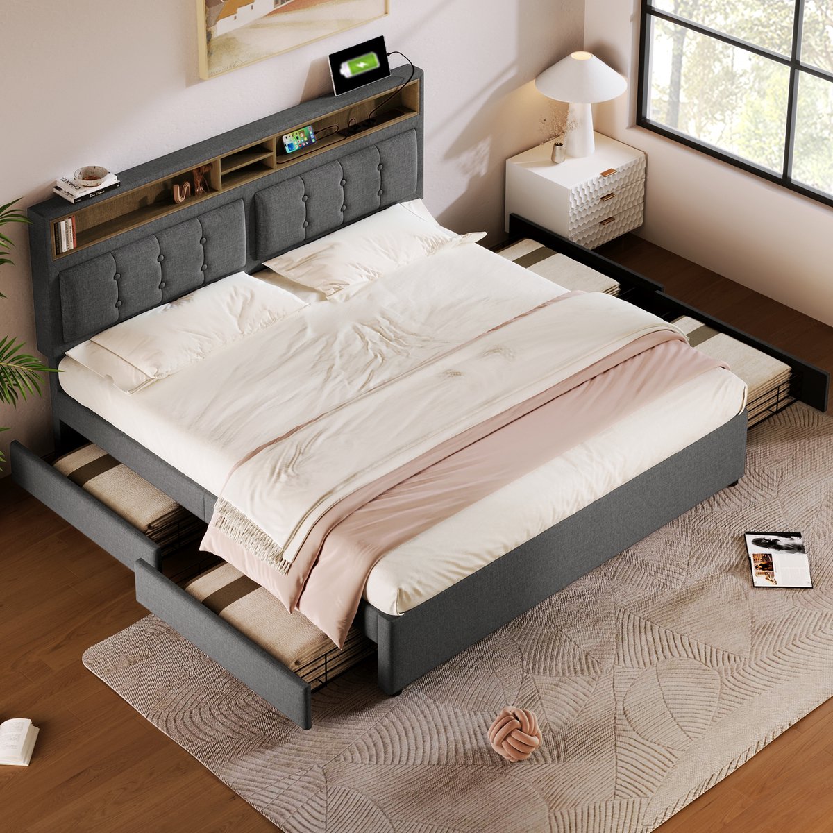 OKWISH Gestoffeerd bed 140x200cm – Tweepersoonsbed met 4 lades & USB-C – Verstelbaar hoofdeinde ±12cm – Linnen – Grijs – Zonder matras