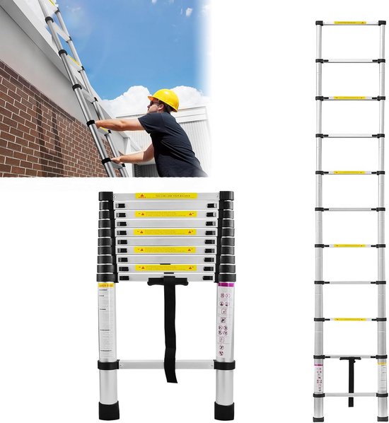 Telescopische ladder, 4,4 m, aluminium, opvouwbaar, uittrekbaar, multifunctioneel, werkhoogte max. 5,3 m, afneembare haken