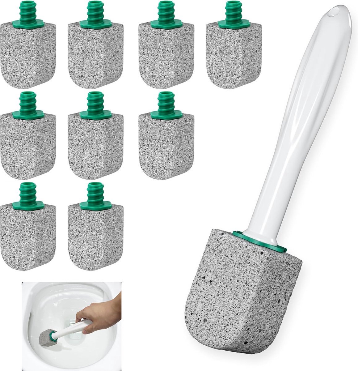 MDUG Puimsteen toiletborstel - Inclusief 1 reinigingsstaaf + 10 puimstenen - Vervangingsset voor badkamerborstel/toiletborstel - 30 cm lange steel - Geschikt voor het verwijderen van kalkaanslag