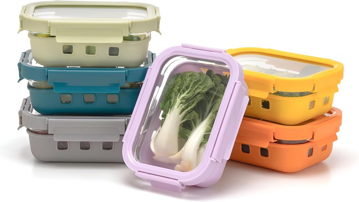 Set van 6 Glazen Lunchboxen Lekvrij 640 ml Stapelbaar Magnetronbestendig