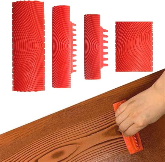 Houtnerf gereedschap, rubberen schildergereedschap voor wanddecoratie, doe -het-zelf wanddecoratie, rood, blauw, set van 4
