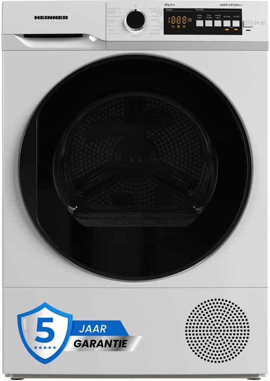 Sèche-linge pompe à chaleur Heinner – 8 kg – Classe énergétique A/E – 15 programmes de séchage – Affichage numérique – Fonction anti-froissage – Porte réversible – Sécurité enfant – Garantie 5 ans – Wit