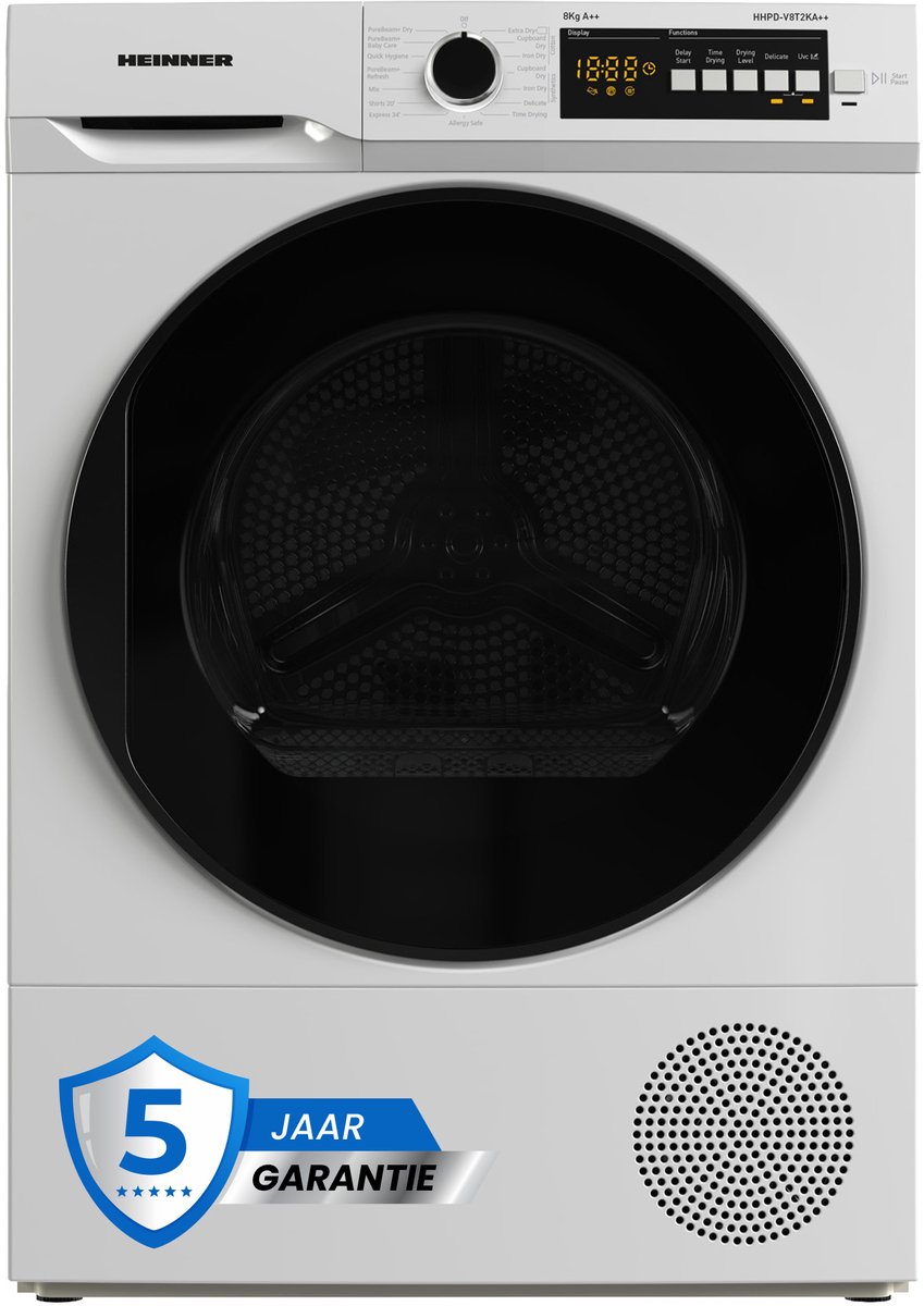 Heinner HHPD-V8T2KA++ Warmtepompdroger – 8 kg – 15 Programma’s – Digitaal Display – PureBeam+ Trommelverlichting – Omkeerbare Deur – Wit – 5 Jaar Garantie