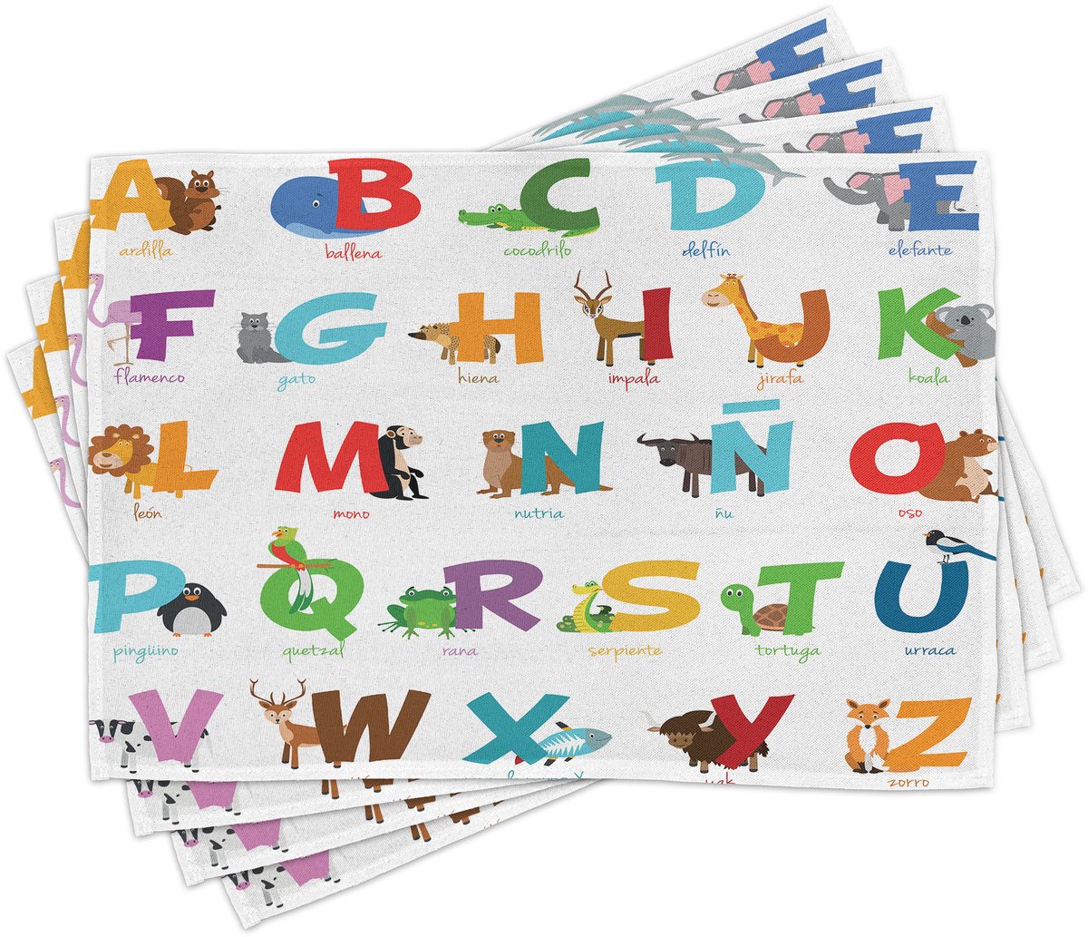 ABAKUHAUS Alfabet-placematten, ABC-letters voor dieren, digitaal bedrukt op wasbaar stof, tafeldecoratie voor in de keuken, wit, multikleurig
