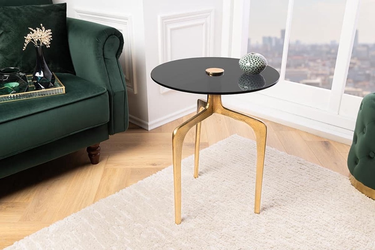Invicta Interior Ronde bijzettafel ABSTRACT 60cm messing goud metalen poten zwart glas handgemaakt - 43495 Zie omschrijving