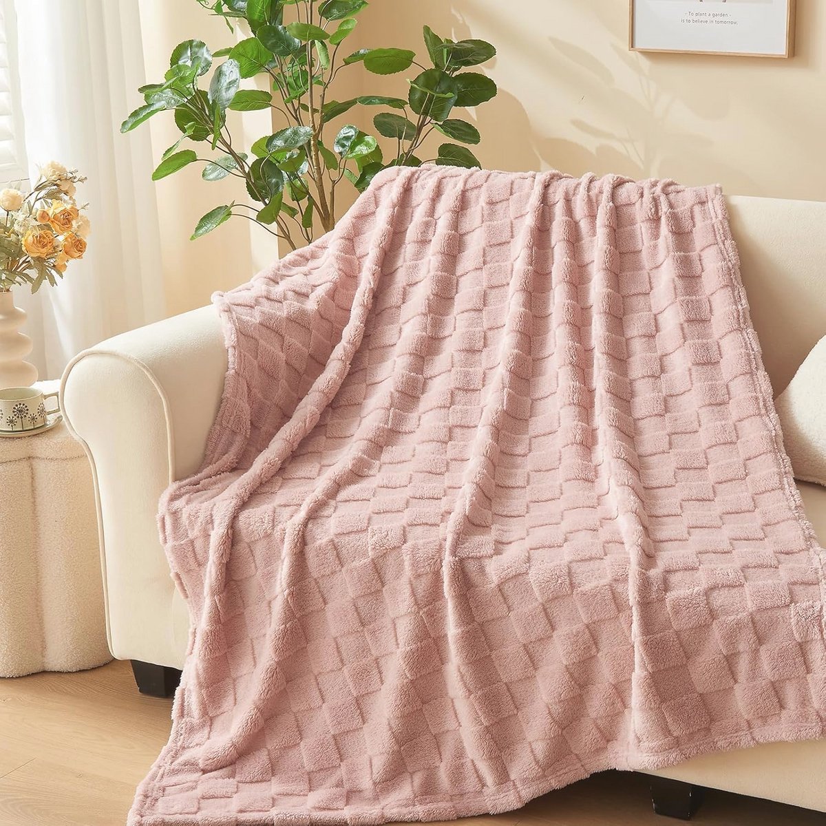 Pluizige fleece deken van imitatiebont voor bed en bank - Zachte en gezellige warme geruite deken 178 x 203