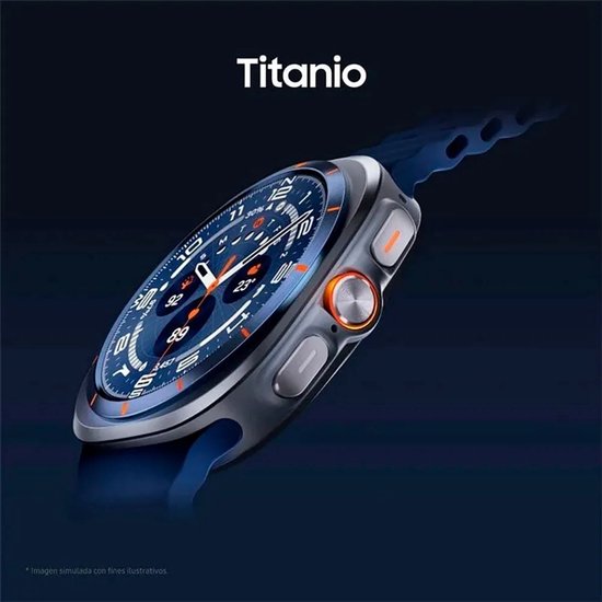 Zij-aanzicht van een smartwatch met donkerblauwe band en zilverkleurige kast. Textuur 'Titano' zichtbaar.