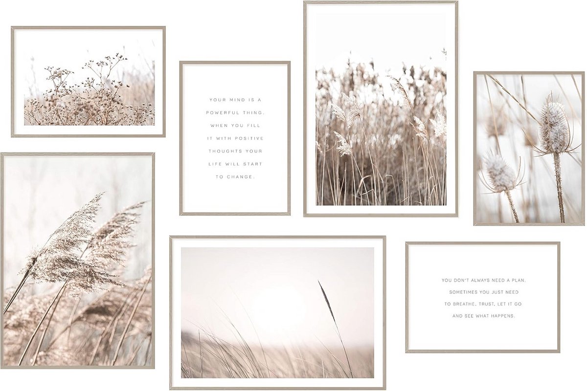 Posterset Collage Wanddecoratie - 7 Bijpassende Afbeeldingen in DIN A3 en A4 in Beige