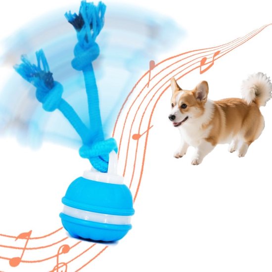 Corgi en bewegende blauwe bal met touw. Muzieknoten op de achtergrond.