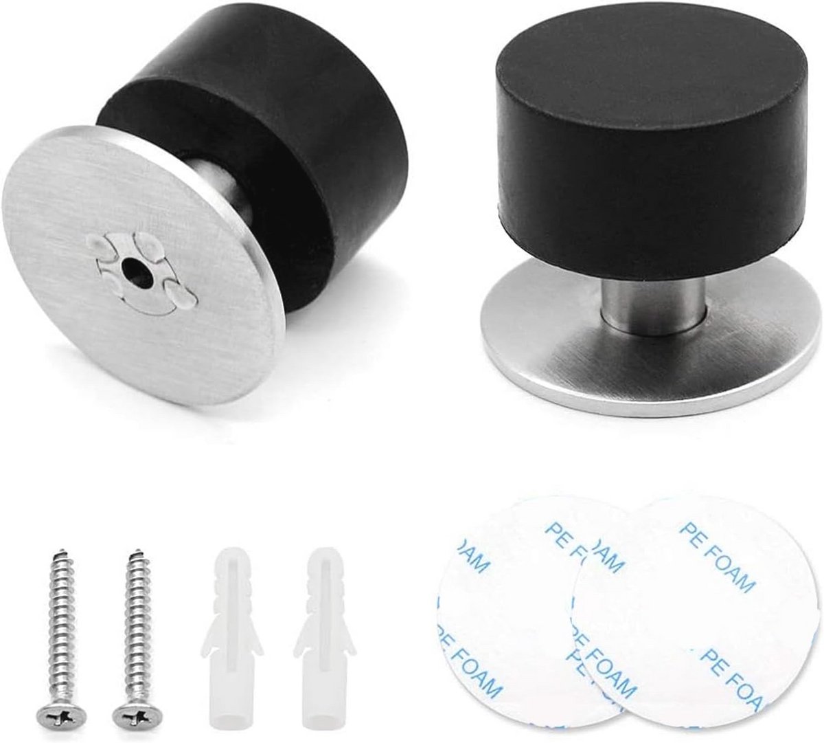 Zelfklevende Rubber Deurstopper Set van 2 - Roestvrij Staal - Muur en Vloer Montage