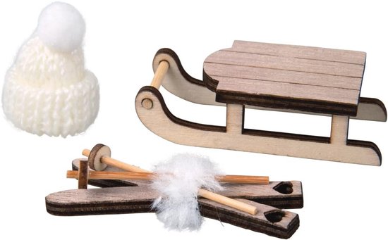 Houten slee en ski met muts, gemengde kleuren, 3 stuks