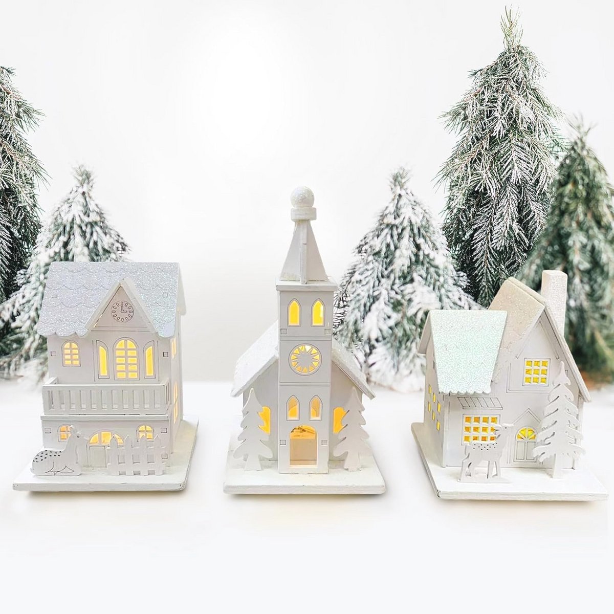 Set van 3 kerstdorpen met verlichting - kabouterhuis met licht - led-houten kerstdecoratie - kerstdecoratie - Amerikaanse kerstdecoratie - binnendecoratie - mini-kerststad – foto 6