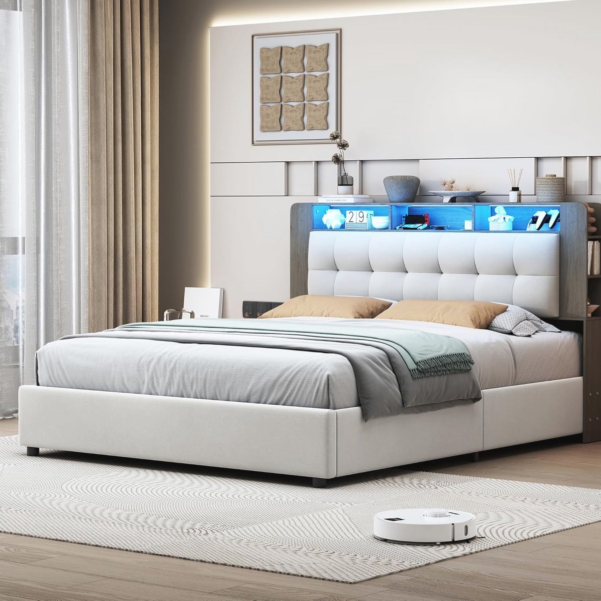 Modern Gewatteerd Bed 160 x 200 cm met Opbergruimte en RGB Verlichting