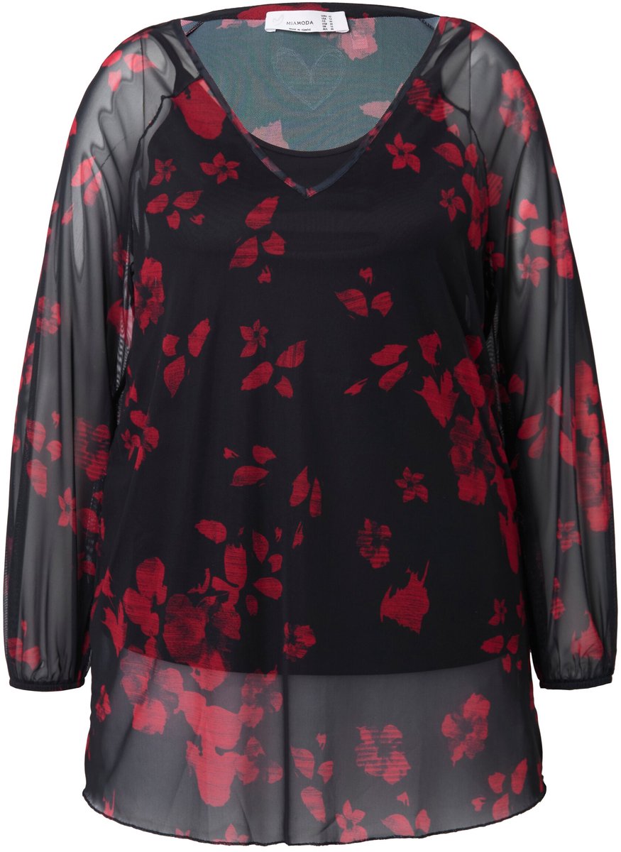 MIAMODA - Dames - Blouse mesh bloemenprint wijde lange mouwen - Zwart - Maat 46