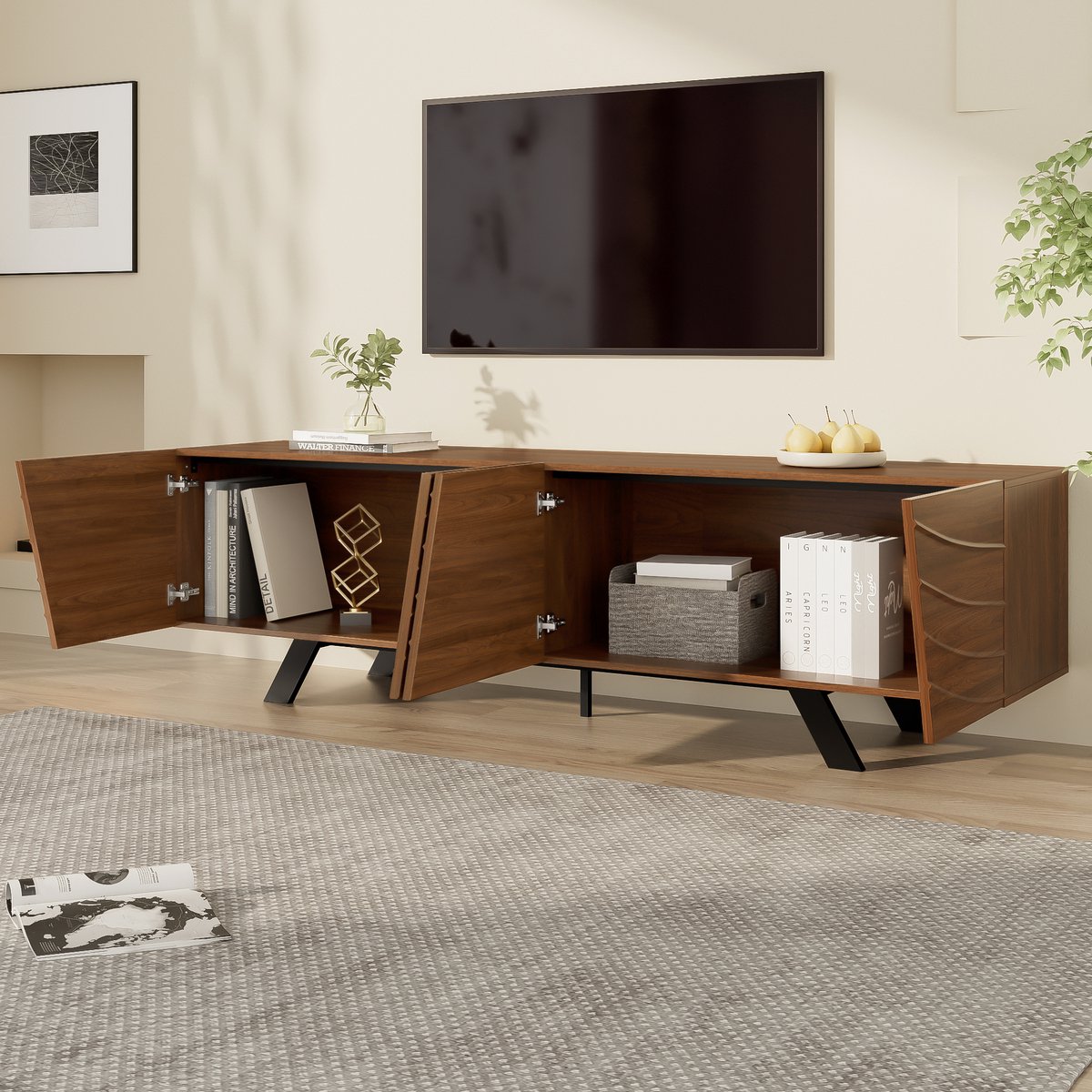 Merax Moderne tv-meubel - golfpaneelontwerp - lage kast met walnootlook - met zwarte metalen poten - grote opbergruimte - 160×39×50,5 cm Walnotekleur