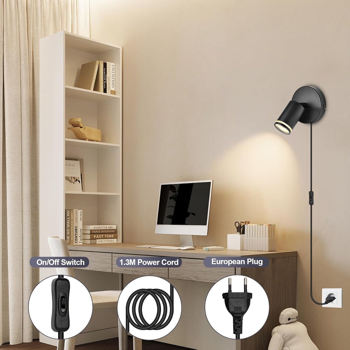 Retro wand lamp verstelbare lange arm met schakelaar, nachtkastje muur licht met kabelstop muur leeslamp draaibare metalen scherm, E27 vintage industriële lamp voor woonkamer slaapkamer,30cm 30cm