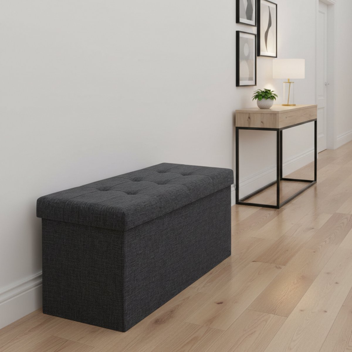 Voetenbank Opvouwbaar met Opbergruimte – Altameubel Luxe Linnen Opbergkruk 300kg Belastbaar – Hocker / Zitbank / Opbergbox – 76x38x38 cm – Donkergrijs – Stevig & Comfortabel