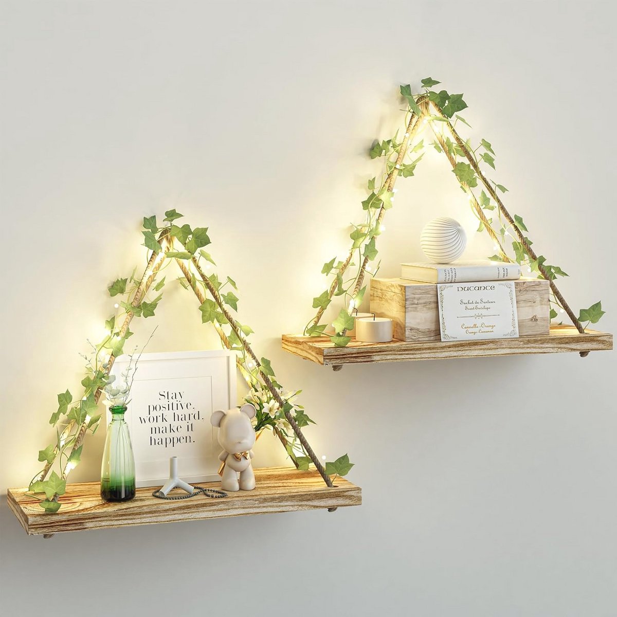 Kunstplant Wandplanken met LED Strip - Set van 2 Macramé Hangplanken voor Kamerdecoratie