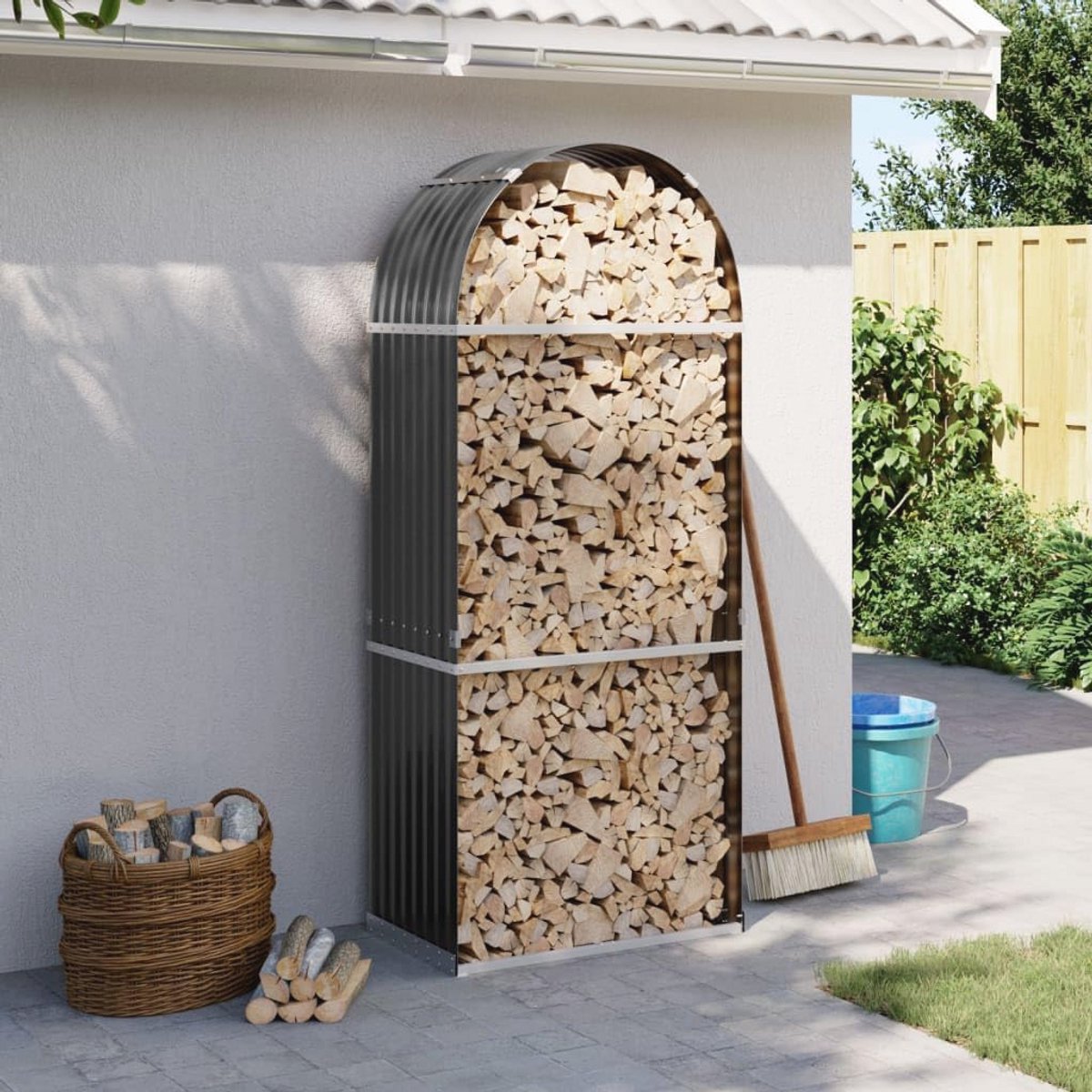 Houten Buiten Rack met Gegalvaniseerde Staal Bedekking voor Houtopslag - Terras en Openhaard - 80 x 45 x 190 cm
