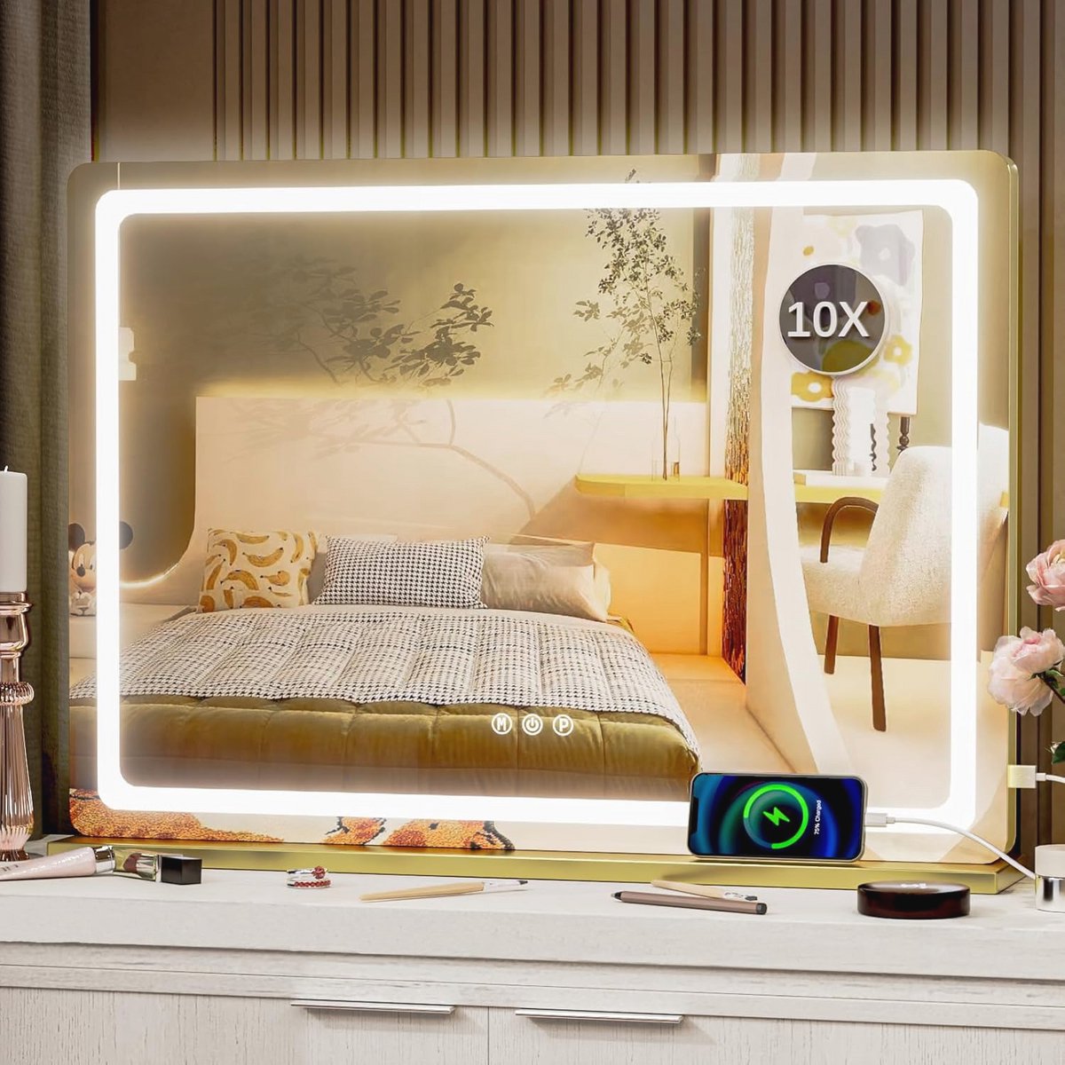 Grote LED Make-upspiegel met USB-oplaadpoort en Dimbare Verlichting