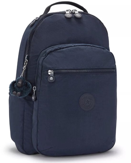 Sac à dos Kipling bleu foncé avec porte-clés singe bleu foncé, poche avant zippée.