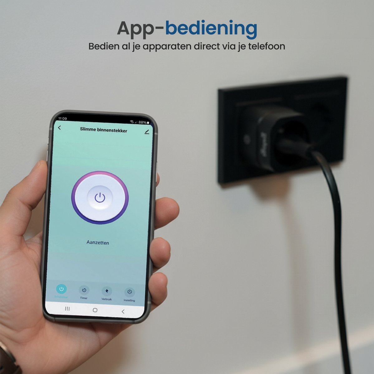 Slimme stekker met energiemeter Gologi WiFi smart plug timer 3680W Google Assistant Alexa zwart - Afbeelding 2