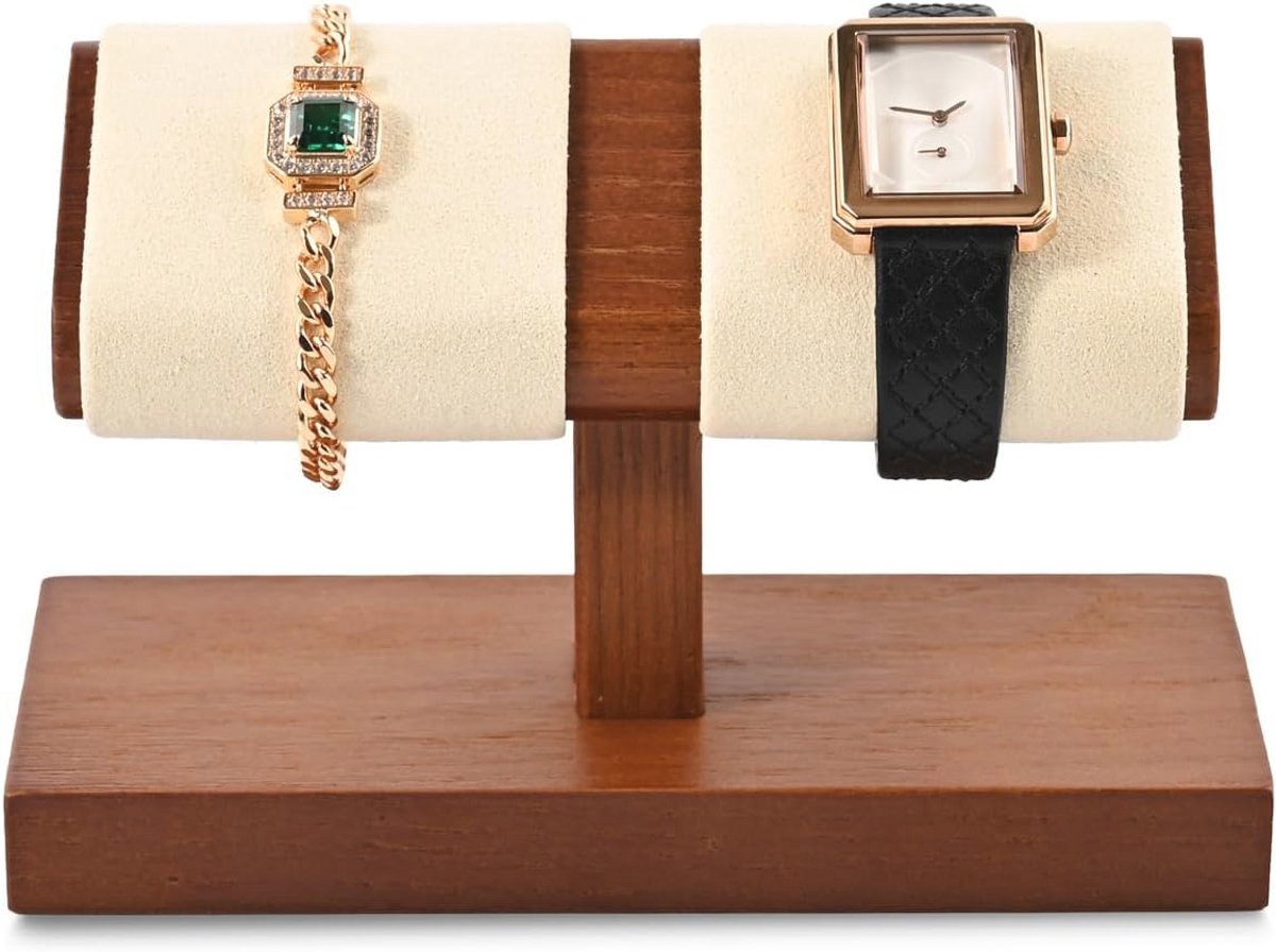 Eenvoudige Dubbellaagse Horlogestandaard van Massief Hout - Horlogeopslag voor Mannen in Crèmewit