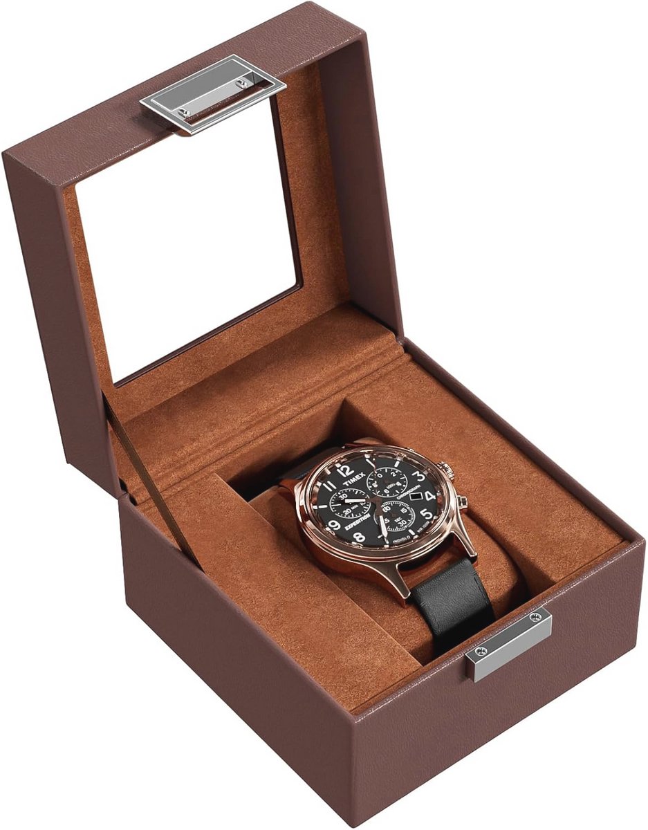 Horloge box met 1 compartiment en glazen deksel - Premium PU leren horlogebox voor mannen