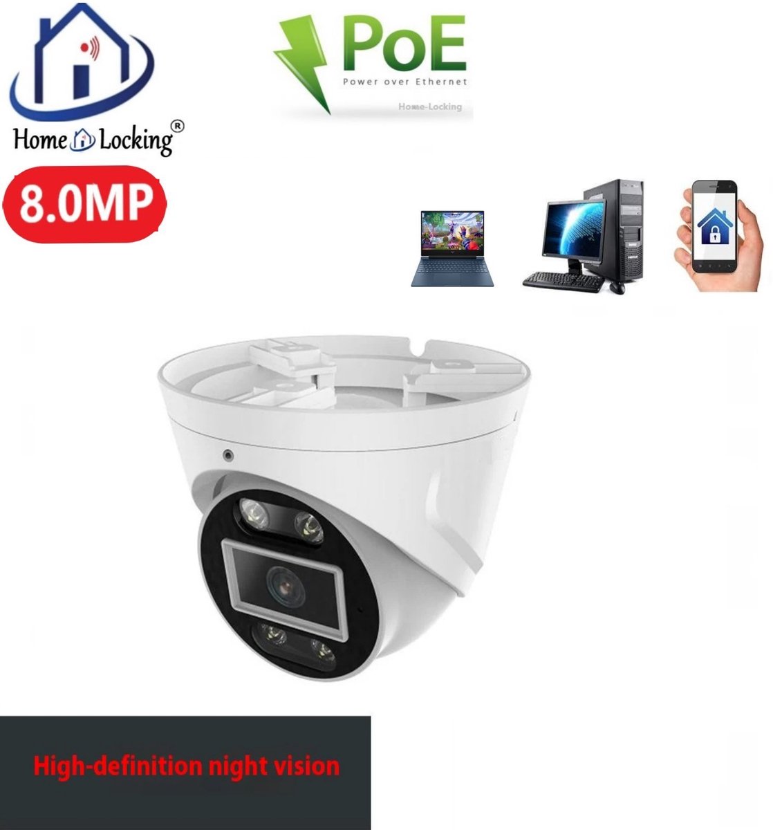 Home-Locking IP-camera PoE met bewegingsdetectie + microfoon Full Color Night Vision 8.0MP. C-1273