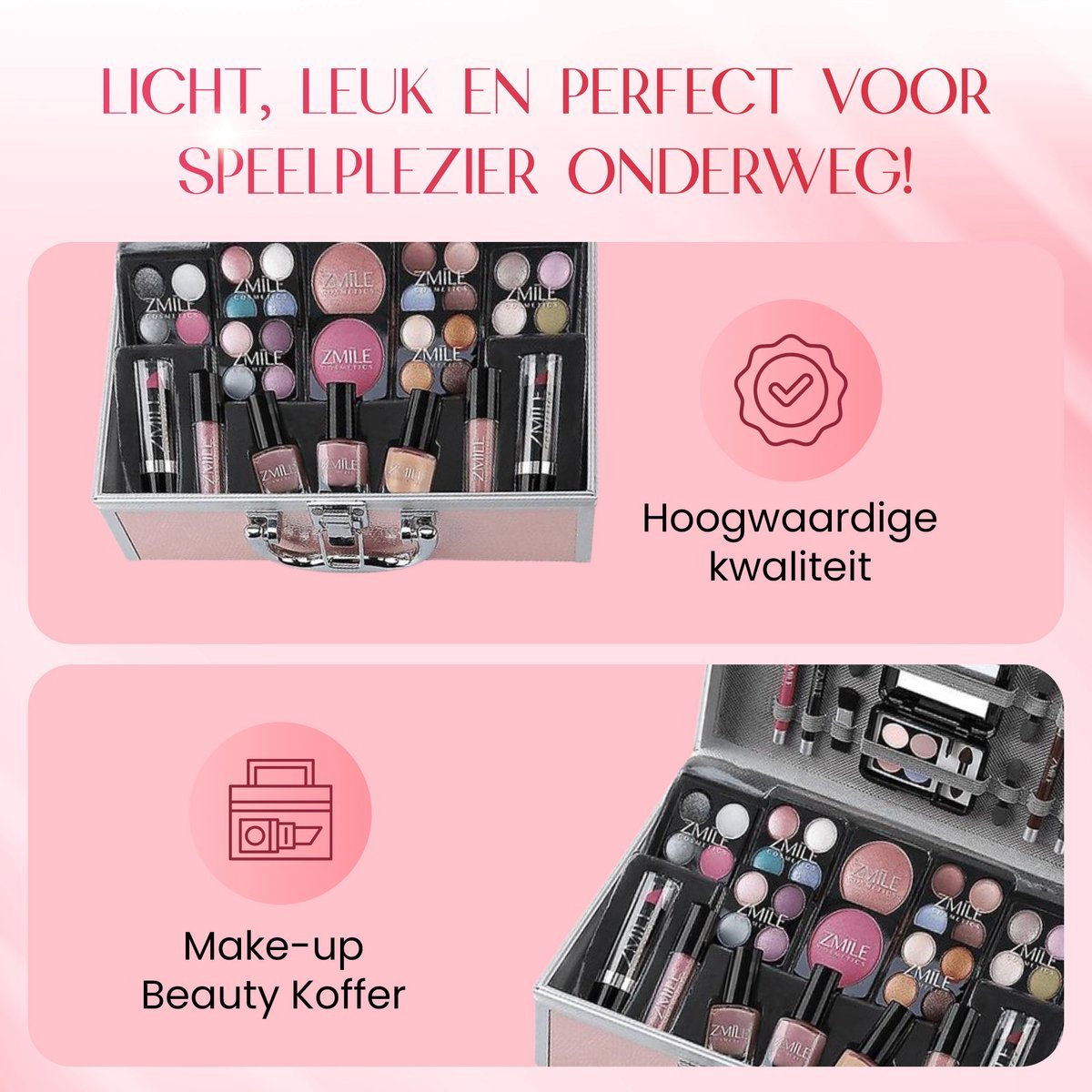 Roze Make Up Koffer Meisjes Met Inhoud 41-Delig - Set Inclusief Premium Roze Kwasten & Reis Etui - Make Up Koffer Kinderen - Make Up Koffer Gevuld - Cosmetica Koffer - Roze Beautycase Meisjes — cadeau in Verzorging - foto 5