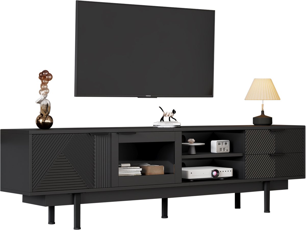 MODFU TV-meubel 200 x 40 x 50,5 cm van spaanplaat en gehard glas, 2 deuren en 2 laden, modern zwart