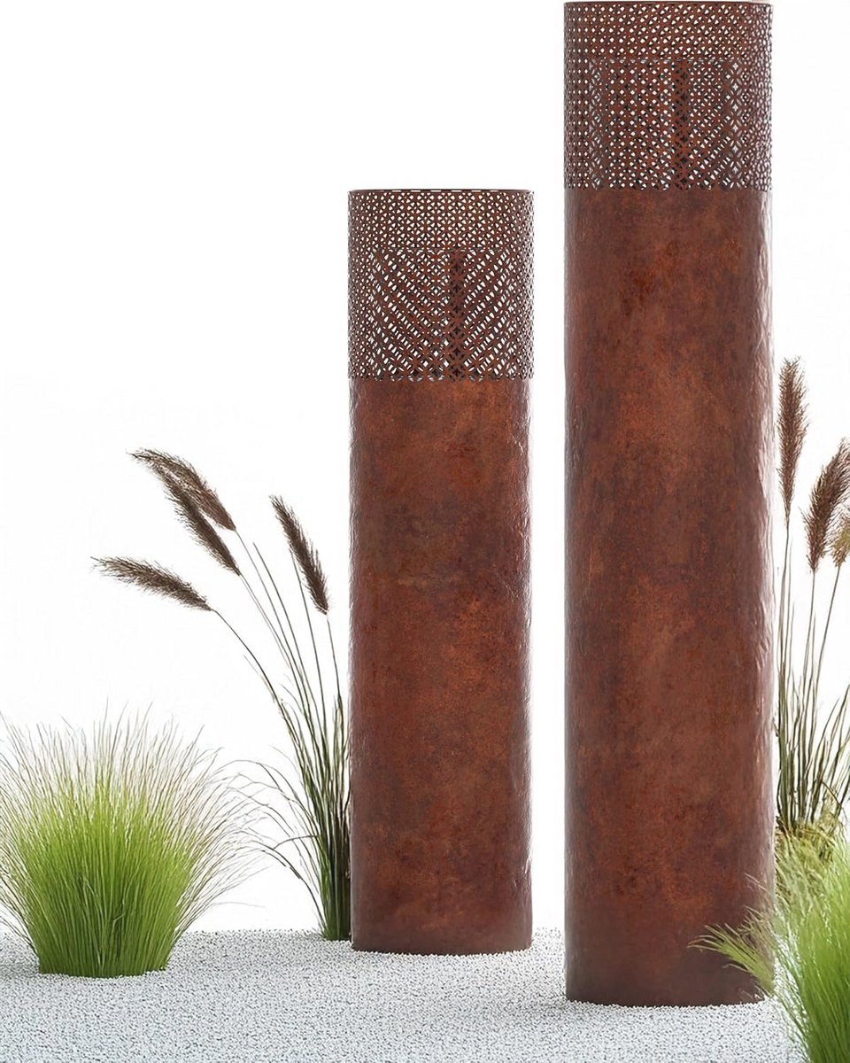 Decoratieve Windlichtzuil Set van 2 voor Tuin en Binnen, Roestkleurig Industrieel Design