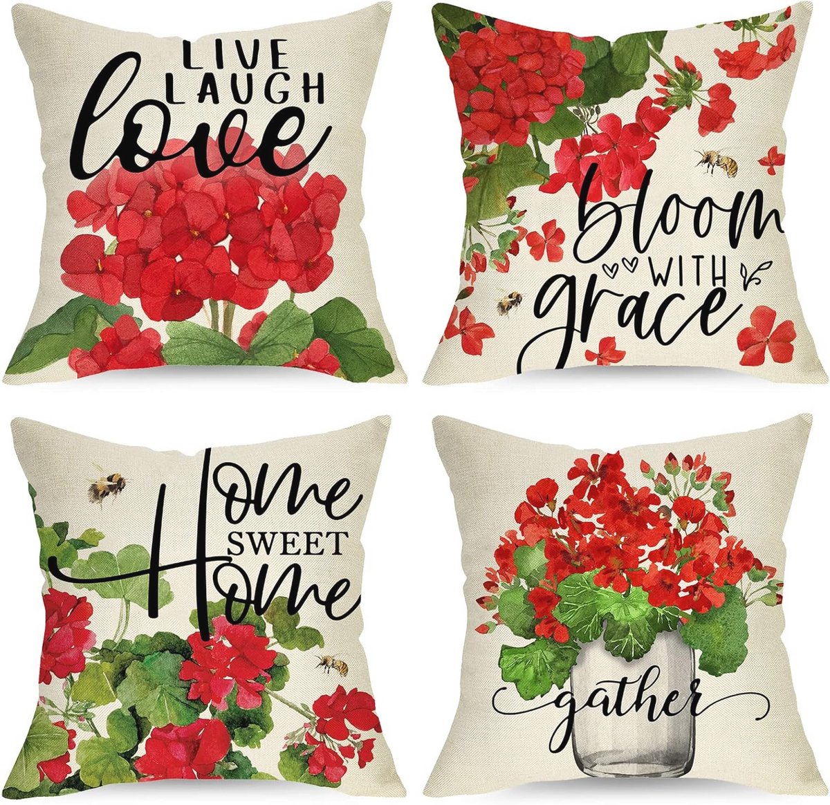 Geranium Bloem Decoratieve Kussenslopen Set van 4 – Floral Sierkussens voor Lente en Zomer