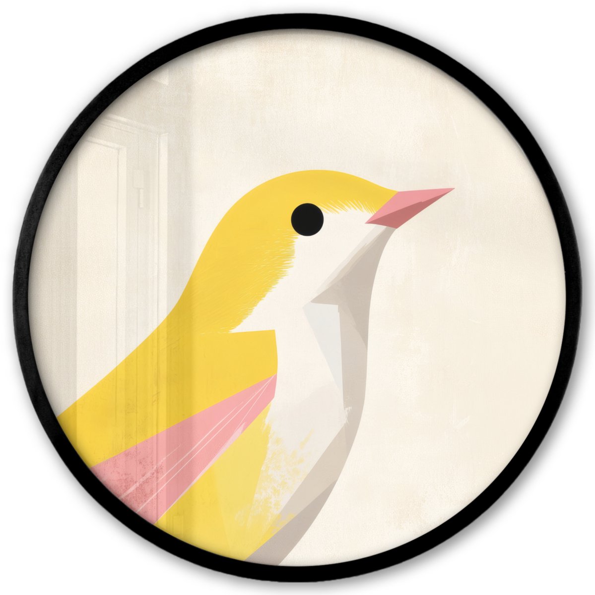 FrameYourWall Poster in lijst Rond - Fotolijst 40x40 cm - Posters - Vogel - Minimalistisch - Geel - Ronde posterlijst zwart - Decoratie - Wanddecoratie woonkamer - Muurdecoratie slaapkamer