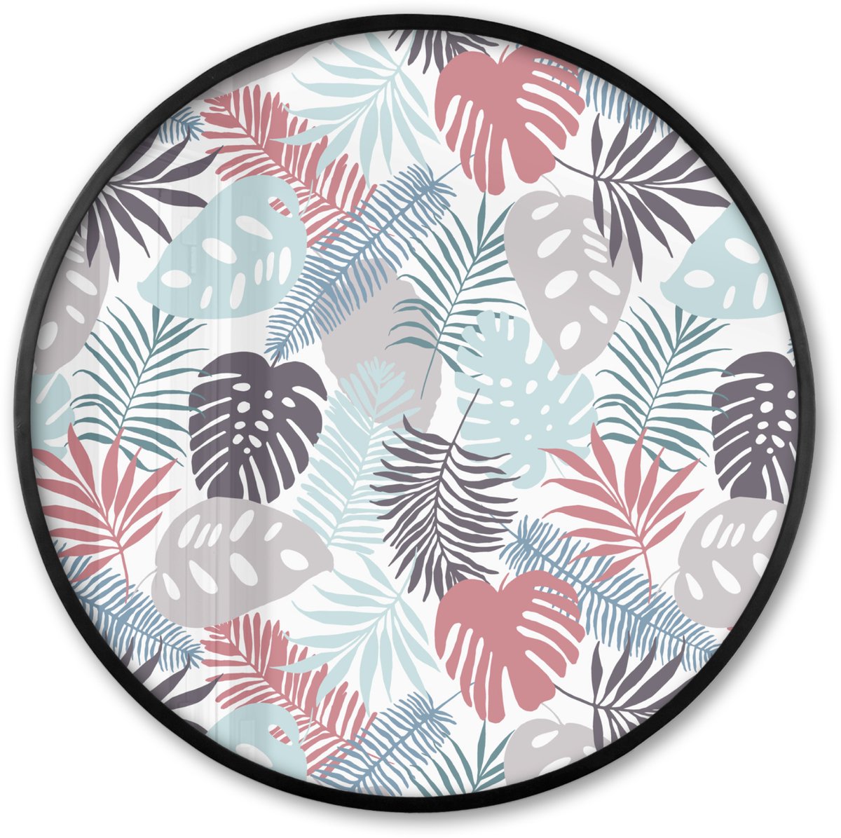 FrameYourWall Poster in lijst Rond - Fotolijst 60x60 cm - Posters - Monstera - Pastel - Bladeren - Tropical - Ronde posterlijst zwart - Decoratie - Wanddecoratie woonkamer - Muurdecoratie slaapkamer Multicolor
