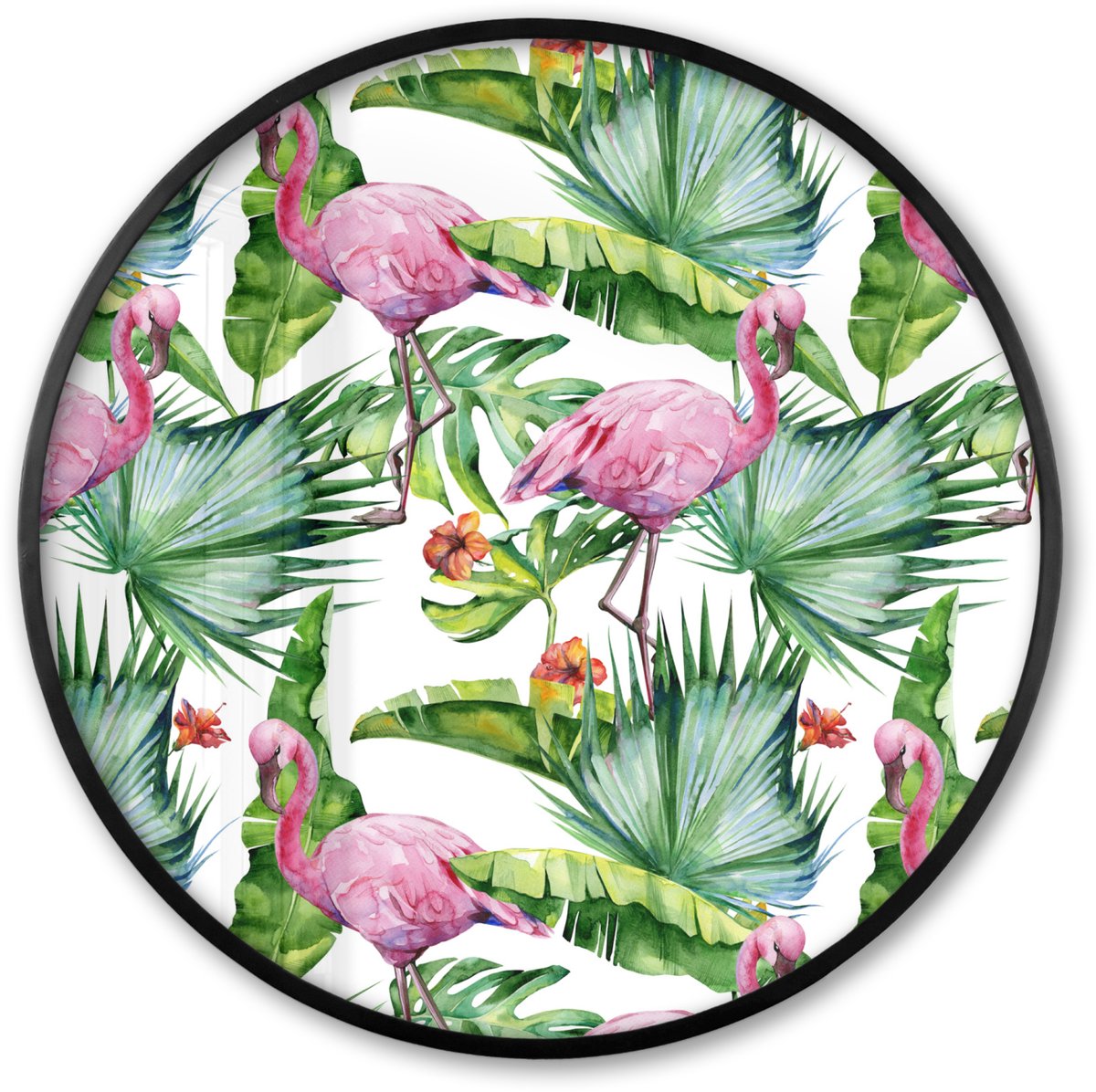 FrameYourWall Poster in lijst Rond - Fotolijst 60x60 cm - Posters - Flamingo - Bladeren - Tropisch - Ronde posterlijst zwart - Decoratie - Wanddecoratie woonkamer - Muurdecoratie slaapkamer Multicolor