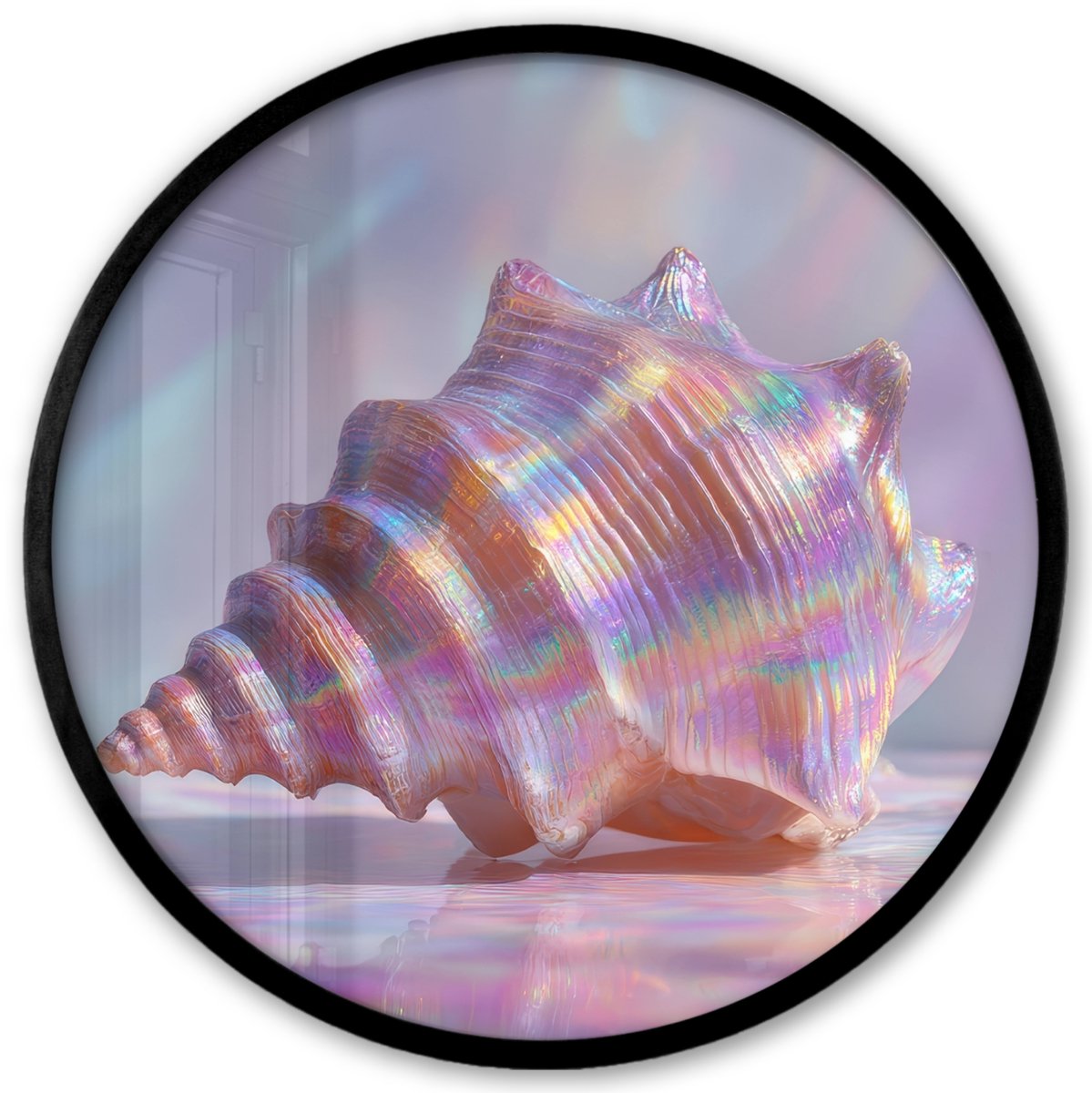 FrameYourWall Poster in lijst Rond - Fotolijst 40x40 cm - Posters - Schelp - Glanzend - Regenboogtinten - Ronde posterlijst zwart - Decoratie - Wanddecoratie woonkamer - Muurdecoratie slaapkamer